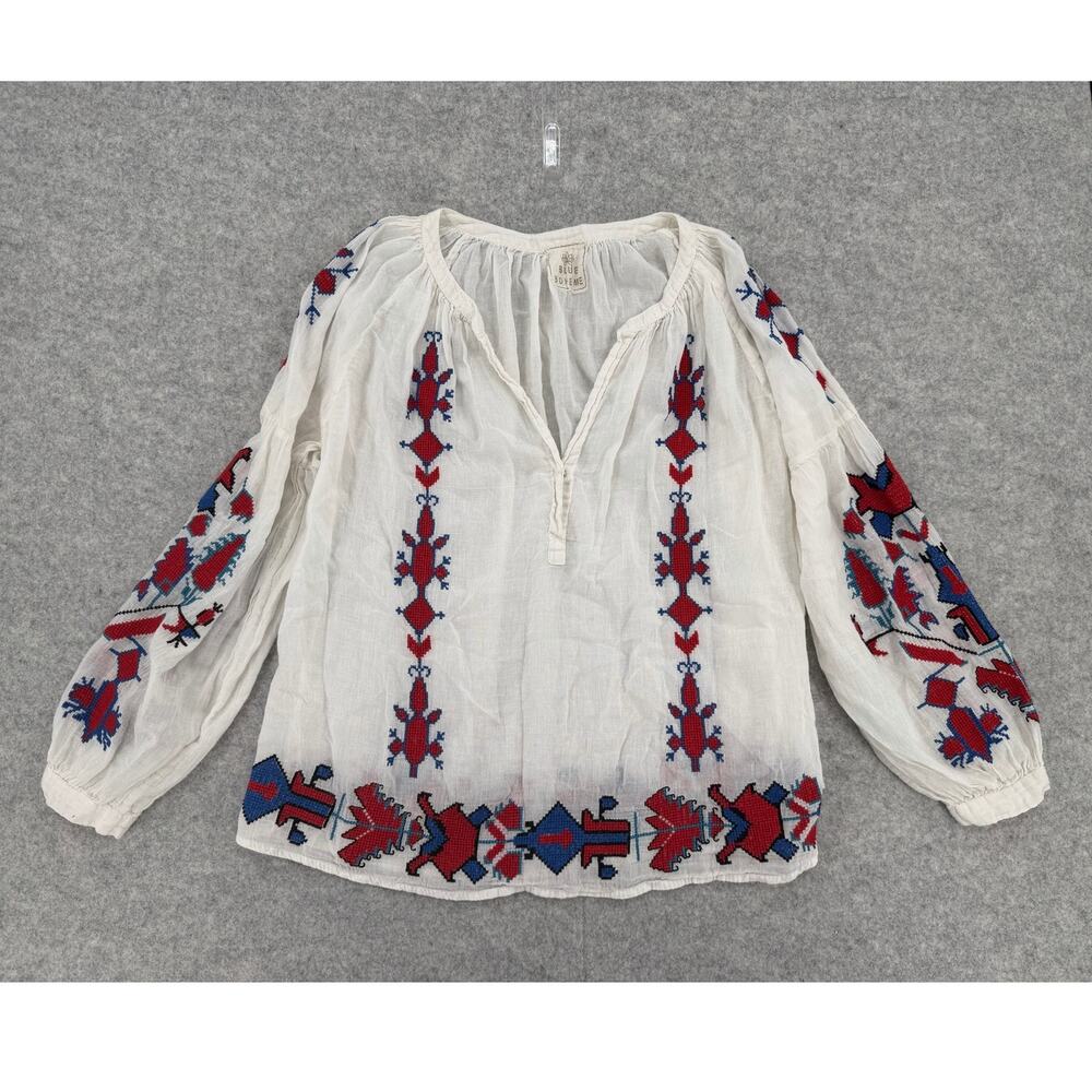 Blue Boheme White/Blue/Red Embroidered Peasant Top One Size